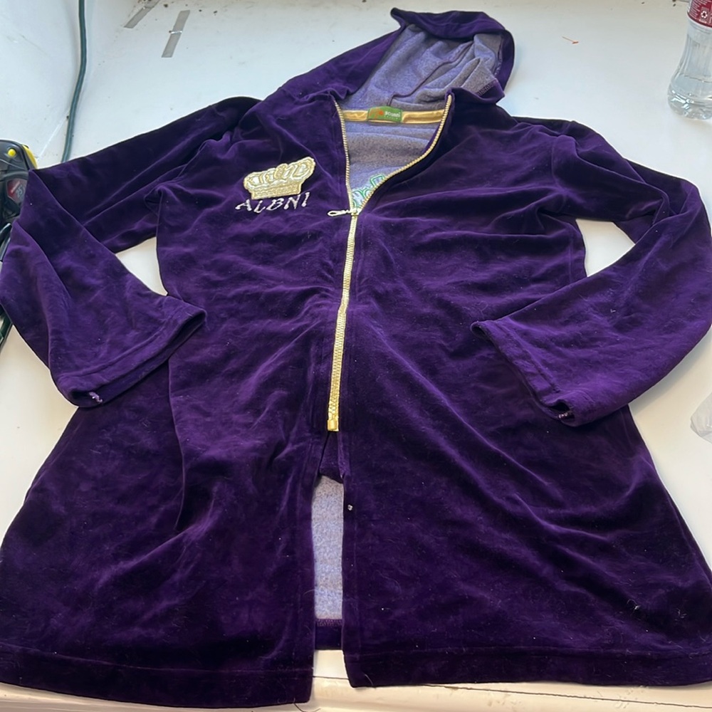 Bounni Fashion Medium Purple Velvet Long Duster Long Sleeve Zip Up Jacket